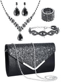 Henoyso 5 Pcs Rhinestone Jewelry Sets Prom Purse Jewelry Rhinestone Clutch Purse Bride Necklace Earrings Bracelets for Women - color: Black