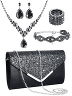 Henoyso 5 Pcs Rhinestone Jewelry Sets Prom Purse Jewelry Rhinestone Clutch Purse Bride Necklace Earrings Bracelets for Women - color: Black