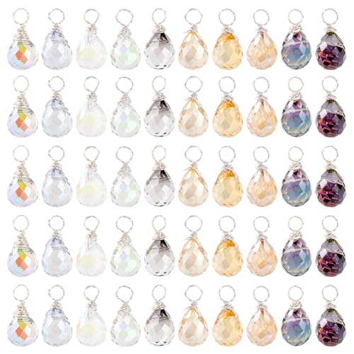 PH PandaHall 200pcs Faceted Teardrop Charms, 10 Colors Crystal Charms Transparent Glass Crystal Pendants Wire Wrapped Glass Charms Drop Dangle Charms for Necklace Clip on Earings Bracelet Craft Making