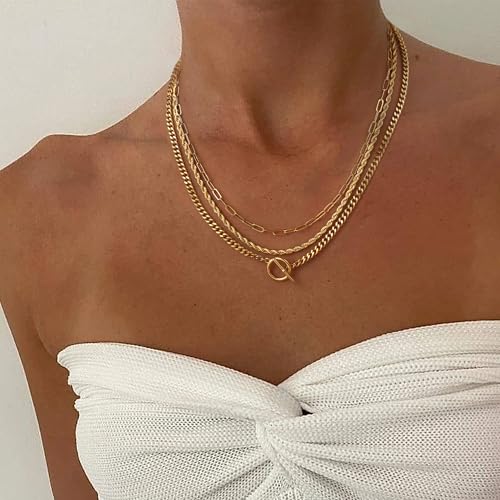 Carffordo Gold Plated Necklaces for Women - Dainty Layered 14K Gold Plated Stack Paperclip Rope Cuban Toggle Link Chain Choker Necklace Set Chunky Trendy Jewelry Gift - style: Layered-Necklace