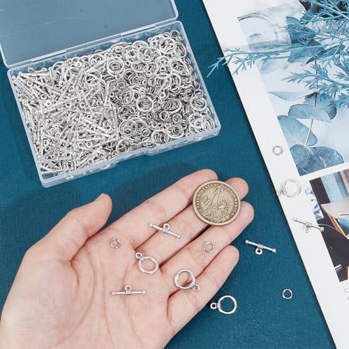 1 Box 120 Sets Toggle Jewelry Clasp Sets Bracelet Toggle Clasp Silver Alloy Closures OT Round Buckle End t Bar Clasp Connectors with Jump Rings Set for DIY Jewelry Making Accessories Craft - style: Style 2