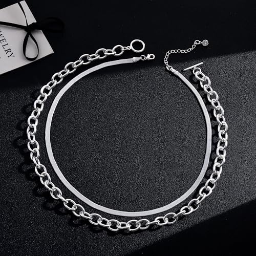 CHESKY 14K Gold Plated Chunky Necklace for Women, Trendy Paperclip Chain Necklace Thick Cross Heart Pendant Necklace Layered Herringbone Cuban Link Chain Toggle Necklaces Non Tarnish Jewelry - color: silver, style: paperclip+herringbone