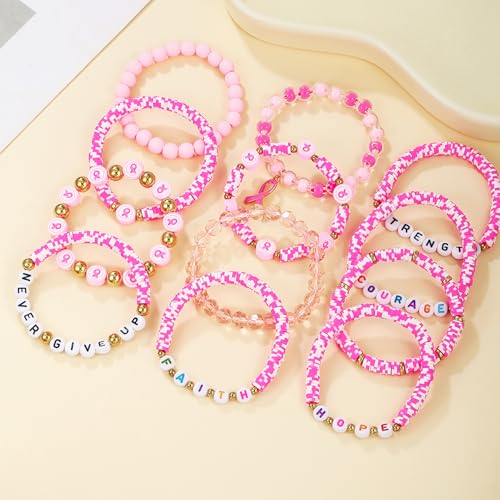12pcs Halloween Heishi Beaded Bracelets for Women-Spooky Ghost & Pumpkin Party Favors Boho Stackable Polymer Clay Bead- Stretch Friendship Bracelet Set - style: Breast Cancer 1
