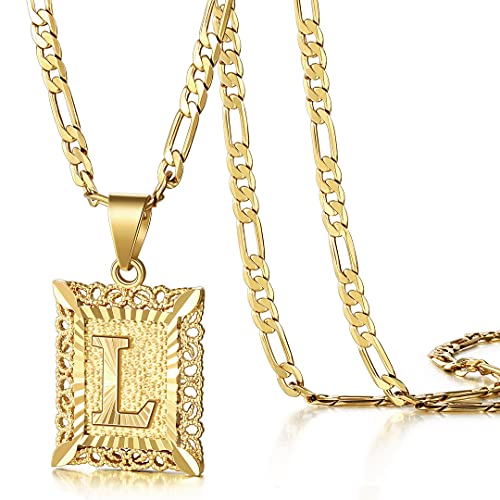 KissYan Initial Letter Pendant Necklace for Men Women, 14K Gold Plated Square Capital Monogram Necklace Alphabets from A-Z Figaro Chain Jewelry - color: 1-Gold, style: L