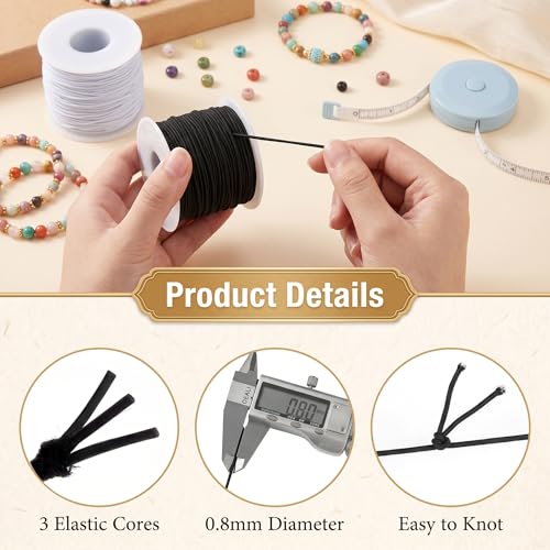 2 Rolls Stretchy Elastic Cord & Retractable Measuring Tape Set, 0.8mm x 110 Yards Beading String for Jewelry Making, Bracelets, Necklaces (Black + White) - size: White Black (0.8mm)