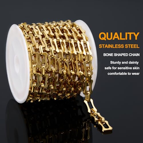 KYUNHOO 2 Meters Hollow Bone Link Jewelry Making Chains Bulk Gold Plated Stainless Steel Chain for Crafting DIY with Lobster Clasps and Jump Rings - color: Bone Gold