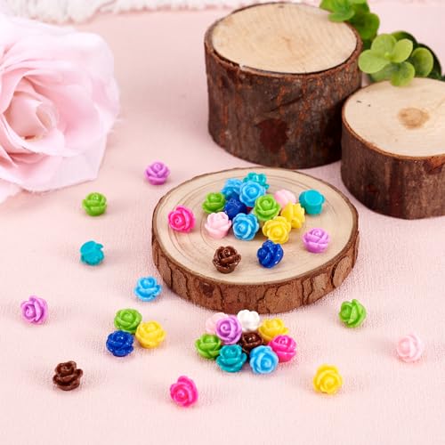 Beadthoven 50pcs Handmade Flat Base Opaque Resin Colorful Rose Flower Beads for DIY Beading Jewelry Necklace Bracelet Earring Supplies 9x7mm Hole: 1mm - color: 0Mixed Rose#9x7mm