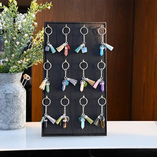 Ikee Design Wooden Jewelry Display Stand with 12 hooks, Earring Display with Hooks, Bracelet, Earring, Keychain Stand for Selling,7.8W x 7.8D x 15.9H in, Black Color - color: Black