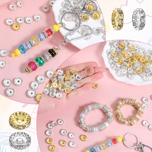SULIKJHUI 150 Pcs Spacer Beads 12mm, Gold and Silver Spacer Beads for Bracelets, Jewelry Making, 2.5mm Hole & 3mm Height, Iron with Rhinestones (0.47 Inch Outer Diameter) - color: Gold + Silver