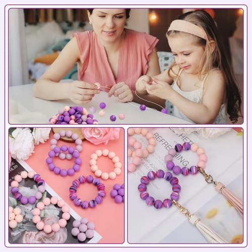 100 Pcs 15mm Silicone Beads for Keychain Making, Pink Gream Silicone Beads Bulk Round for Bracelets Pens Crafts Jewelry Making (Pink Purple) - color: Pink Purple