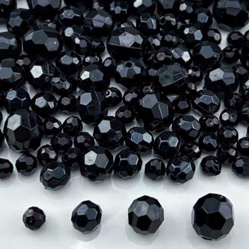 850pcs Acrylic Round Faceted Beads 6mm 8mm 10mm 12mm Faceted Round Spacer Beads for Bracelets Necklace Earring DIY Jewelry Making Craft(Black) - color: Black