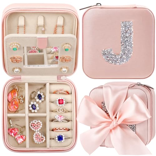CHMI Personalized Jewelry Box for Women and Girls - Travel Essential and Birthday Gift - Bridesmaid Gift - Initial Pink J - color: Champagne Pink, size: J