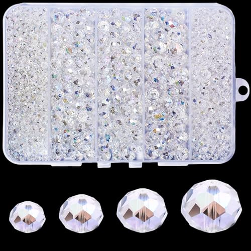 850Pcs 4/6/8/10mm Crystal Glass Beads for Jewelry Making Faceted Rondelle Flat Beads for Bracelets Necklace Earrings DIY Crafts(White Crystal AB Bead) - color: White AB
