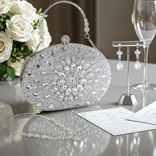 Quelay 4 Pcs Purse Rhinestone Jewelry Set Evening Clutch Bag Bling Crystal Necklace Dangle Earrings Bracelets Accessories - color: Silver, size: Stylish Style