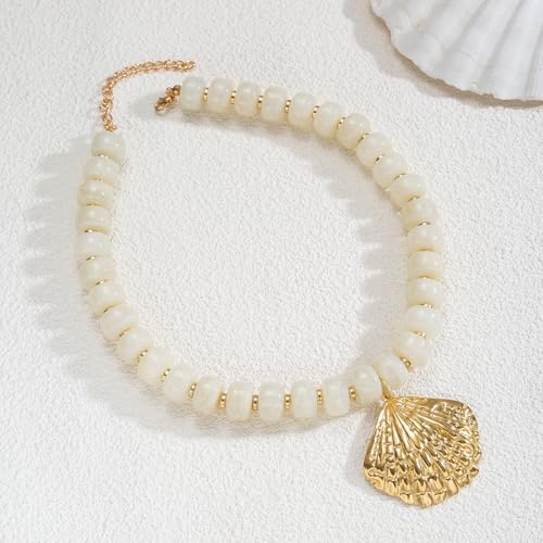 Chunky Beaded Starfish Shell Necklace for Women Colorful Boho Summer Chain Choker Beach Necklace with Acrylic Beads Trendy Chunky Jewelry Gifts - color: White