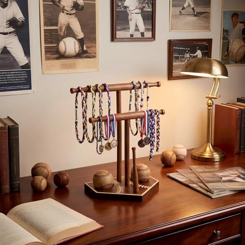 Qunclay Baseball Drip Necklace Holder with Staked Baseball Base Wooden Softball Ring Organizer Championship Rings Display Sports Jewelry Stand Gift for Athletes and Fans