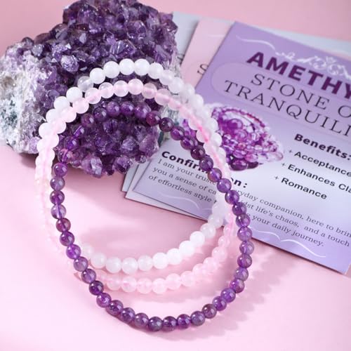 2/3-Pieces 4mm 6mm 8mm Natural Crystal Gemstone – Handmade Reiki Energy Healing Stretch Bracelets Jewelry for Yoga, Meditation, Unisex - color: 3 Pieces (Amethyst&PinkQuartz&WhiteJade), size: 4mm
