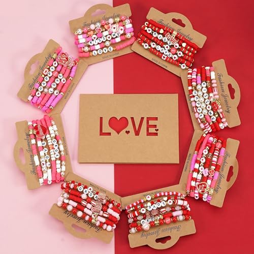 6PCS Valentine’s Day Clay Heishi Bracelet Set for Women- Red Pink Heart Love KISS XOXO Beaded Stretch Bracelets - Handmade Polymer Clay Crystal Glass Stackable Jewelry Gift for Galentine's Anniversary - color: LOVE-04