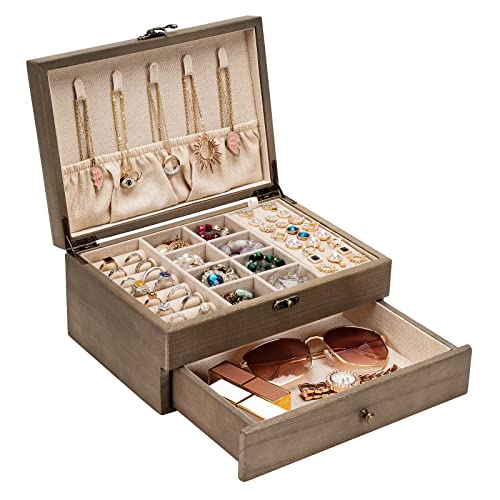 Pinzoveco Jewelry Box for Women, Rustic Wooden Jewelry Organizer Box for Storage Earrings Rings Necklace Bracelet, Farmhouse Style Wood Jewelry Boxes & Organizers (Gray) - color: Gray