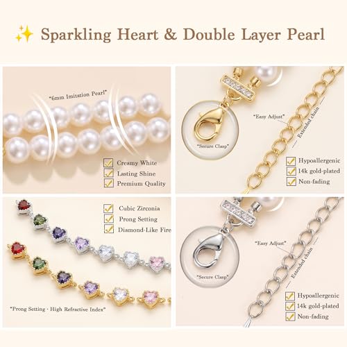 Double Layer Pearl Heart Bracelets for Women, Cubic Zirconia Charm Jewelry, Adjustable Gold Silver Stackable Bracelet Jewelry Set Birthday Gift for Mom Daughter Wife - color: Gold-Green