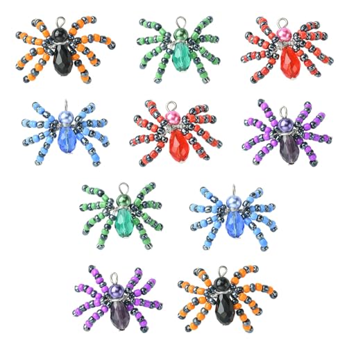 Ipotkitt 10 Pcs 5 Colors Halloween Glass Seed Spider Gothic Insect Crystal Mini Spider Charms with Platinum Brass Loops for Jewelry Making - color: 10pcs-Glass Spider Charms