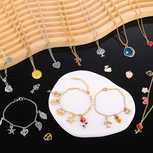 Zefy 18K Gold Silver Chain for Jewelry Making Kit, 39.6ft 12 Rolls Stainless Steel Chains Bulk with 380 Pcs Charms, Jump Rings Lobster Clasps Set for DIY Bracelet Necklace Crafts - size: Large