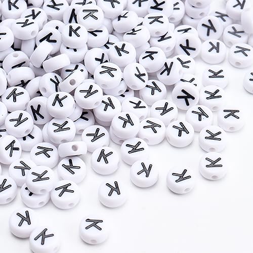 100Pcs Letter Beads 4x7mm White Round Acrylic Alphabet Beads Letter K Beads for Jewelry Making DIY Bracelets Necklaces Key Chains - color: K 100Pcs