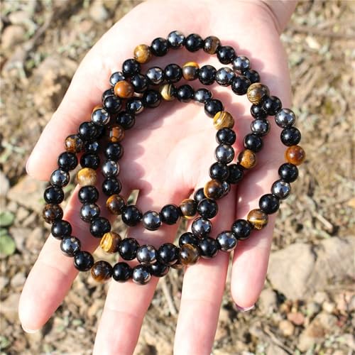Natural Stone Beaded Necklace 8mm Tiger Eye Black Obsidian and Hematite Buddha bead lucky necklace 26 Inches, Black and Brown Men and women necklaces fift - color: Tiger eye stone, black gallstones, and hematite