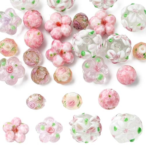 Stiesy Handmade Lampwork Flower Beads 21Pcs, Pink Style Floral Round Abacus Lampwork Glass Beads Bulk for Artistic DIY Jewelry Making and Professional Craft Projects - color: Pink-7 Styles-21Pcs