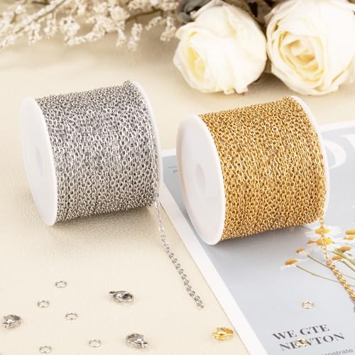 SMYHTGLIF Total 65.6 Feet Gold & Silver Jewelry Making Chains 2 Rolls Stainless Steel Chain for Jewelry Making Thin Oval Cable Chain Craft Chain Bulk - size: 2.6×2mm