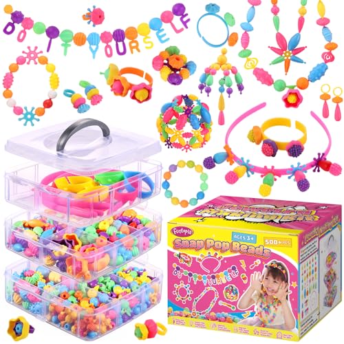 Funtopia Pop Beads, 500+ Pcs Jewelry Making Kit for Girls 4-6, Arts and Crafts for Kids 3 4 5 6 7 8, Colorful Snap Beads DIY Bracelet Necklace Ring Set for Little Girls - size: Medium