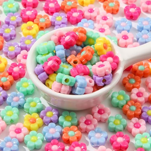 200pcs Colorful Flower Beads Rainbow Daisy Flower Beads Acrylic Beads for Jewelry Making Handmade DIY Bracelet, Charms Keychain Craft Supplies (Daisy) - color: rainbow flower