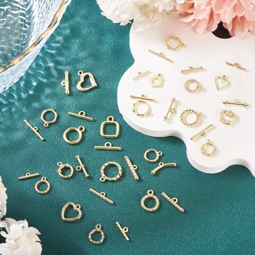38Pcs Golden Toggle Clasp, 19 Styles Bracelet Closure Clasps IQ Toggle Clasps Oval Flower Heart Clasp Fastener Hook Toggle Connectors for Necklace Bracelet Jewelry Making - color: Golden-19 Styles