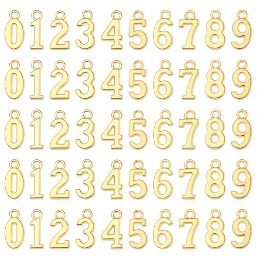 KALIONE 50Pcs Metal 0-9 Number Charm Pendants 0-9 Charms for DIY Craft Keychains DIY Jewelry Making Accessories - color: Gold