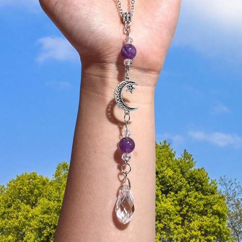 Car Rear View Mirror Accessories Witchy Car Hanging Ornament, Moon&Star Rearview Decor Charm Amethyst Crystal Beads Swinging Handmade Interior Decor for Women Men - color: Amethyst-moon
