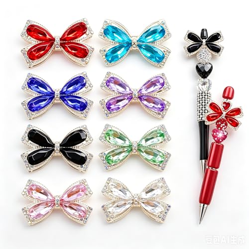 8Pcs Gemstone Crystal Bow Beads for Pens Rhinestone Focal Bead for Crafts Fits for Beadable Pens Jewelry Making Braclets Bling Chunky Glitter Beads for DIY Supplies - color: Gem Bow-8pcs
