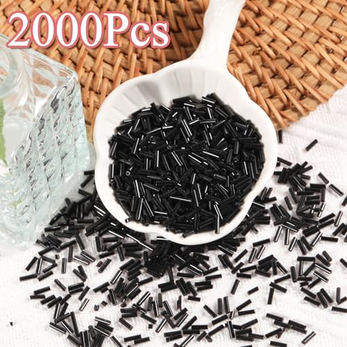 2000Pcs Tube Seed Beads 2x7mm Mini Long Glass Bugle Bead Small Craft Loose Spacer Beads for DIY Phone Charms Waist Bead Bracelets Earrings Necklaces (Black) - color: Black