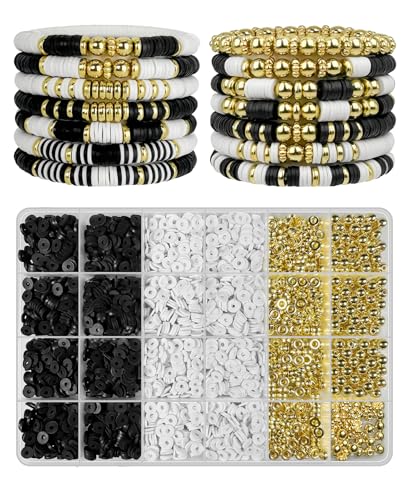 ClaBead Bracelet Making Kit for Boys 3200Pcs, Clay Beads Bracelet Kit with Gold Beads and Gold Flower, Swift Friendship Beads Bracelet Kit for Bracelets Making - color: Black & White