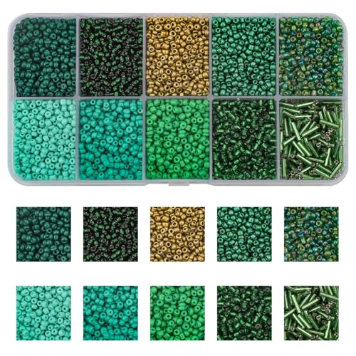 Approx 5000pcs 12/0 Glass Seed Beads for Jewelry Making, 2mm Mix 10 Colors Tube Beads Glass Bugle Beads Waist Beads Kit for Bracelets Necklaces Earrings DIY Supplies (Green) - color: Green