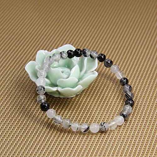 Angelstones Handmade Natural Healing Gemstone 6mm Round Beads Stretch Crystal Bracelet 7 Inch Unisex - color: Black Rutilated Quartz