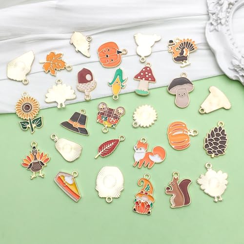Sailanzi 27pcs Alloy Enamel Thanksgiving Series Turkey Pumpkin Mushroom Leaves Pendant Jewelry Making DIY Keychain Earrings Pendant Various Design Charms for Jewelry Making Bracelets Necklace (SN821) - color: SN821