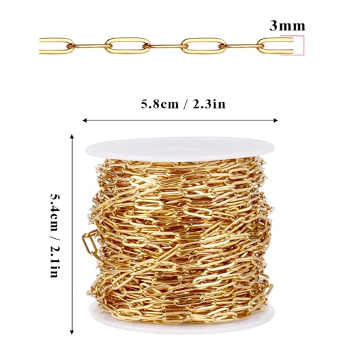 [33 Ft] Stainless Steel Paperclip Chains Roll, 3mm Width 18K Gold PVD Plated Stainless Steel Oval Link Chains Spool Bulk for Jewelry Making - color: 18k gold(3mm)