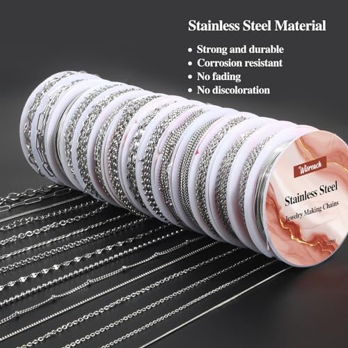 Wisreach Necklace Chains for Jewelry Making, 118 Feet 15 Rolls Stainless Steel Jewelry Chains for DIY Necklace Bracelet Making with Stainless Steel Jump Rings/Lobster Clasps/Connectors - color: Silver
