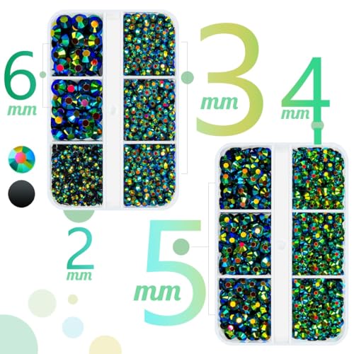 qiipii Peacock AB Resin Rhinestones for Crafting Black Green AB Flatback Jelly Stones 2mm 3mm 4mm 5mm 6mm Diamonds Crystals Gems for Face Eyes Makeup Tumblers Bottles DIY Crafts Clothes Shoes Phones - color: Peacock AB