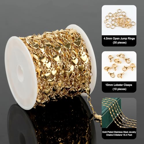 UMAOKANG 5 Meters Gold Plated Heart Chain for Jewelry Making Stainless Steel Chains Bulk for Women Necklace Anklet DIY Jewelry Supplies Findings - color: Gold Heart