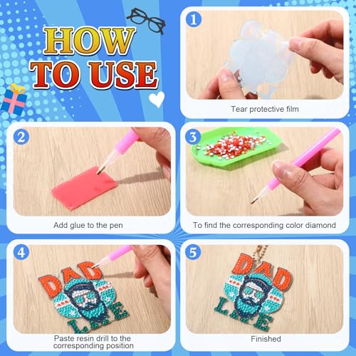 Huquary 24 Sets Father's Day Diamond Art Painting Keychains Kits 5D Dad Diamond Art Keyrings Charm Pendants for Adults Dad DIY Craft Gifts for Father's Day Daddy Birthday Party Favors Bags Decor - style: Dad