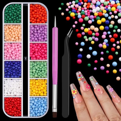 1000Pcs Resin Macaron Beads, 2-3.5mm 3D Round Bubble Balls Summer Macaron Candy Sweet Colors Nail Ball Beads with Tweezers and Dual-end Brush (20-K1-colorful-beads) - color: 20-K1-colorful-beads