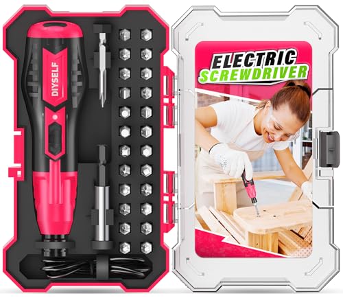 DIYSELF Electric Screwdriver Cordless Rechargeable 3.7V Power Screwdriver with LED, Includes 25 Bits, Magnetic Bit Holder, USB Charging Cable, Carrying, Small Cordless Screwdriver for Men, Women - color: Pink