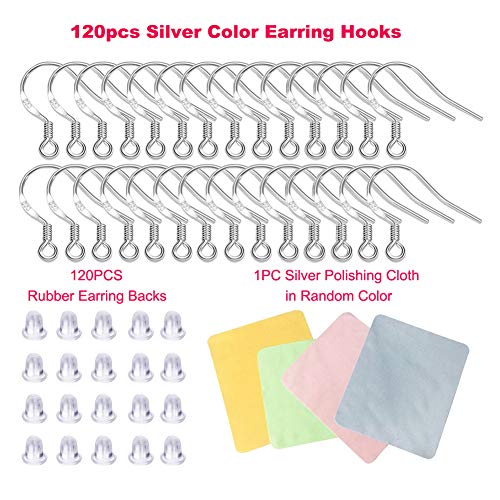 Hypoallergenic Silver Earring Hooks - 120 pcs/60 Pairs s925 Sterling Silver Plated Ear Wires for Jewelry Making, Jewelry findings Parts with 120 pcs Rubber Earring Backs Stopper for DIY Earrings - color: Regular Silver 2