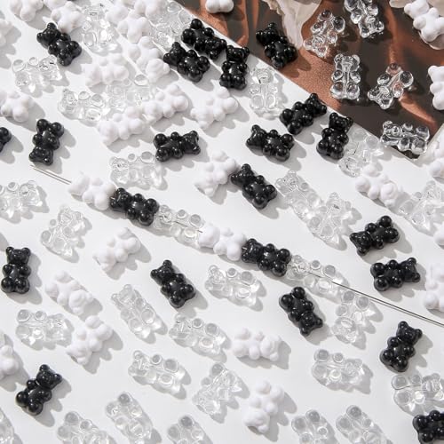 200pcs Bear Beads Black White Gummy Bear Acrylic Bear Beads Colorful Cute Bear Beadsy Bear for Necklace Bracelet Key Chains Jewelry DIY Craft Making(Blackwhite) - color: blackwhite